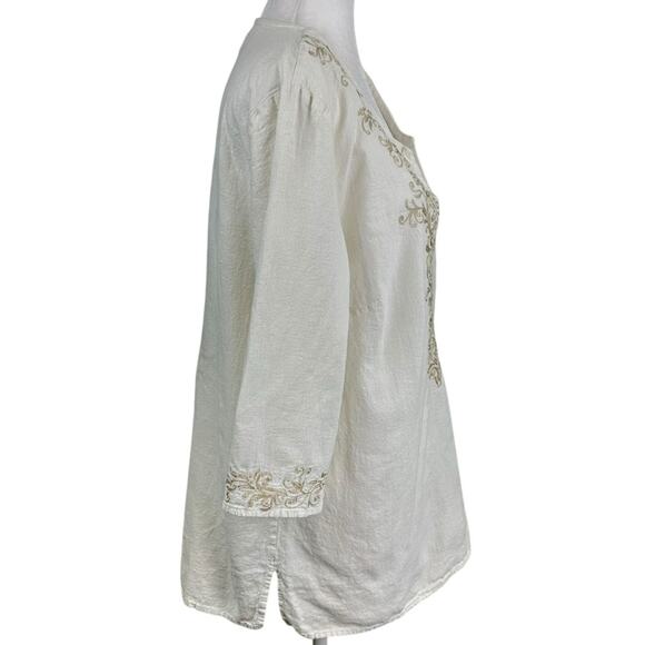 Norm Thompson Linen Blend Cream Embroidered Women's Tunic Top Size Large - Picture 3 of 7